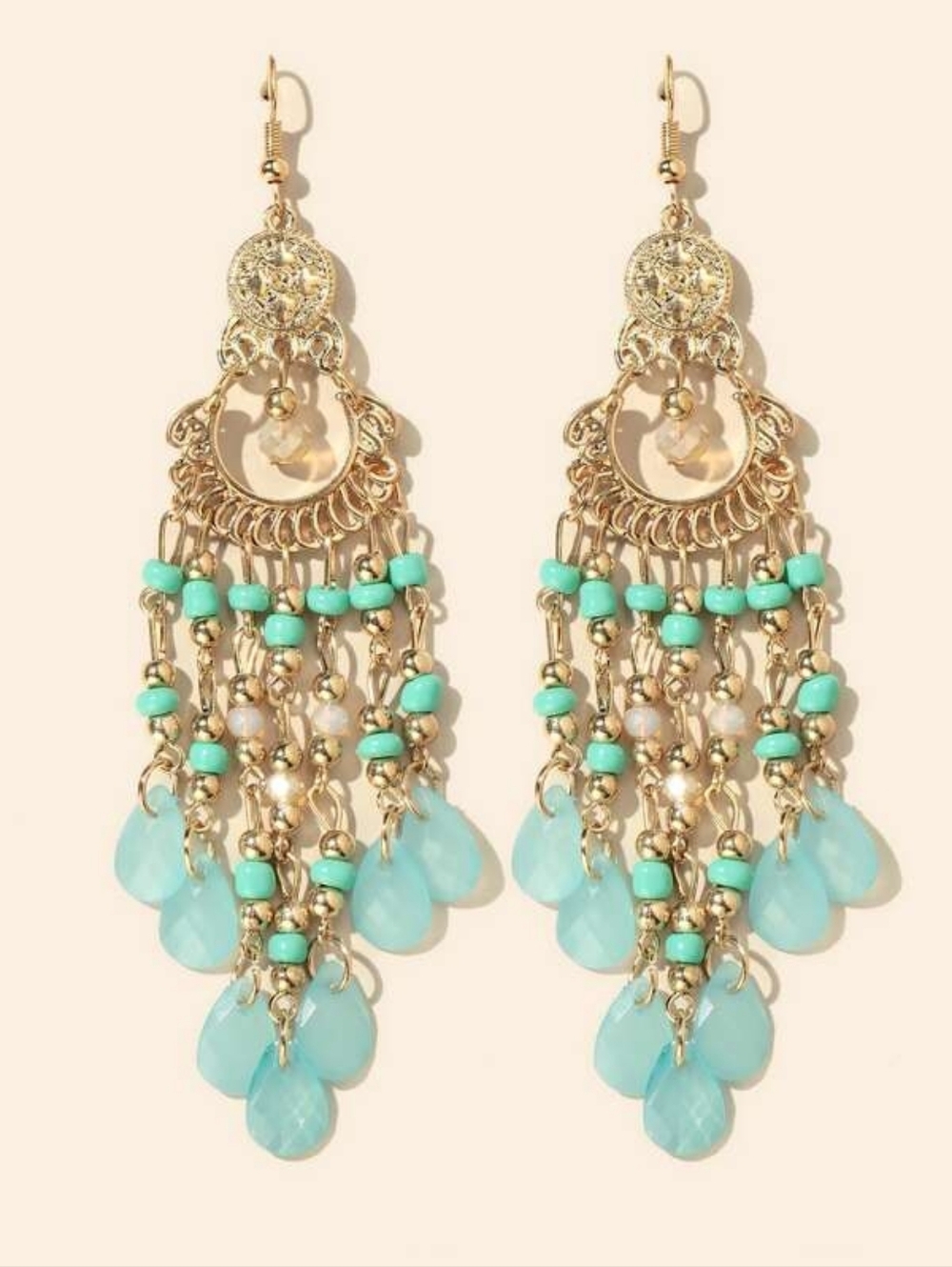 Gold and Mint Ocean Green Beaded Dangle Earrings